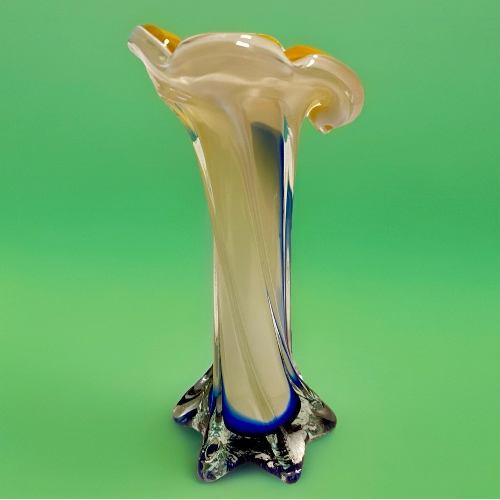 Hand Blown Art Glass Vase 8”Amber Yellow Ruffle Rim Blue Swirl Murano Style Rare - Picture 5 of 5